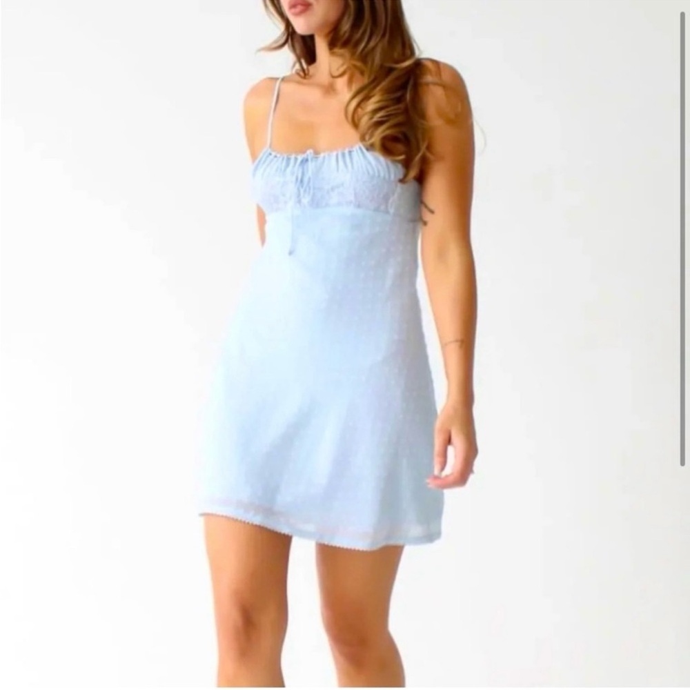 NWT Rumored Blue Lace Polka Dot Slip Dress Women’s L Romantic Cottagecore Mini